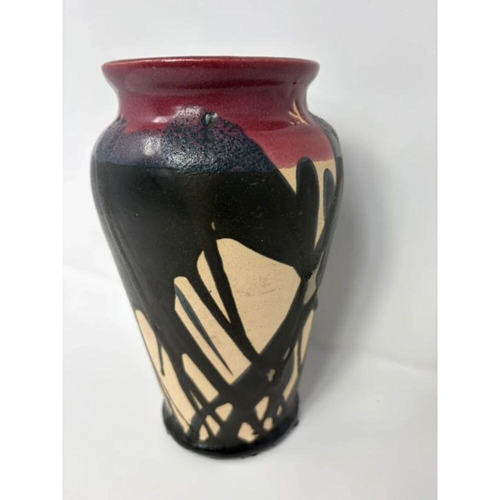 Mid Century Modern Style Art Pottery Vase Black Red Glaze Drip Signed dedicated